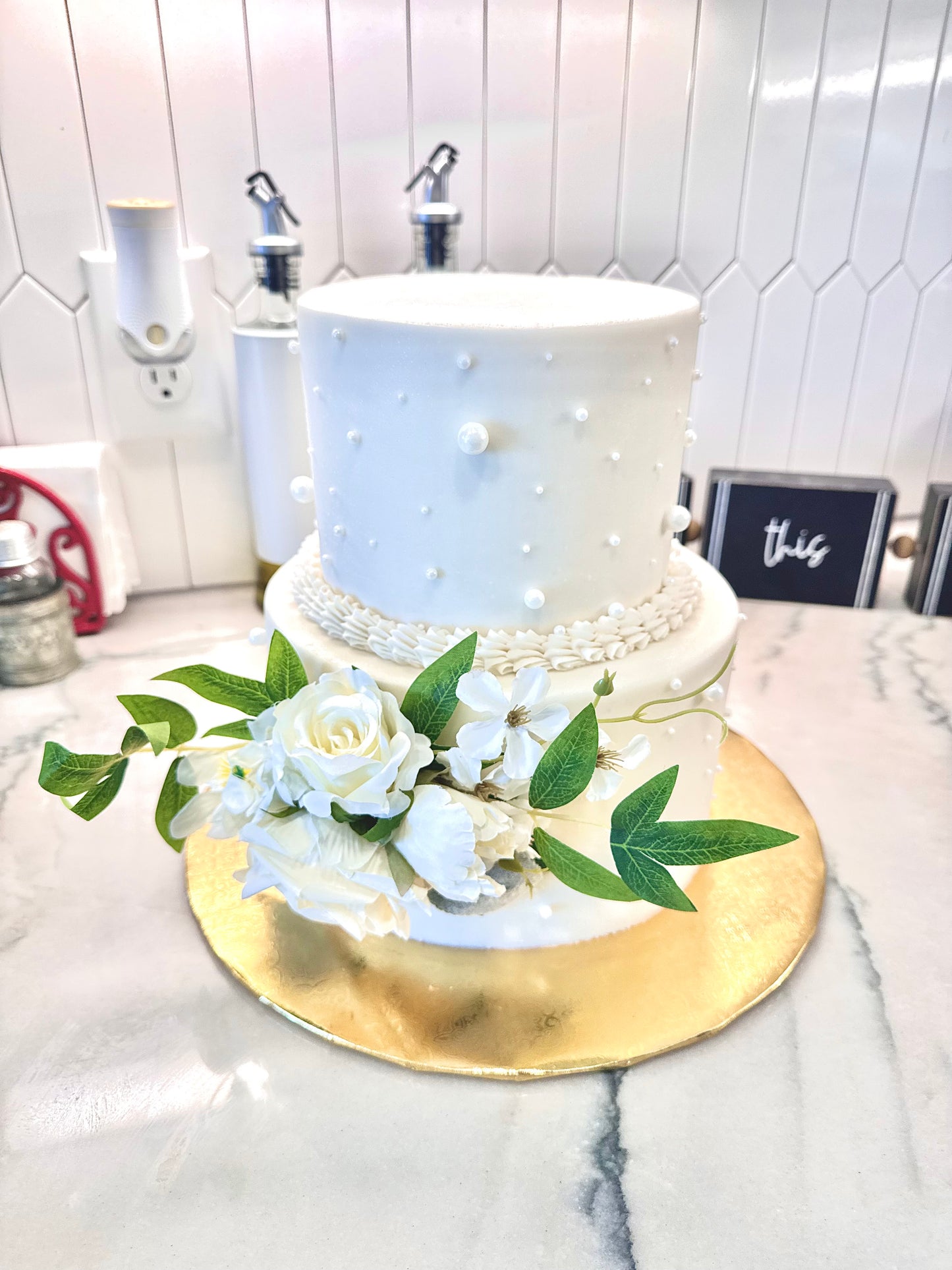 Classic Pearl & Floral Wedding Cake